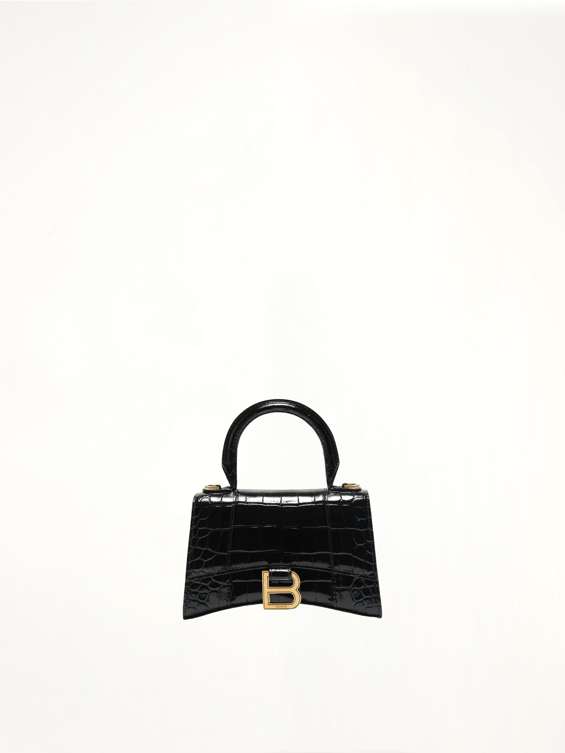 Hourglass XS Croco Embossed Bag in Black with Gold Plaque