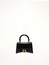 Hourglass XS Croco Embossed Bag in Black with Gold Plaque