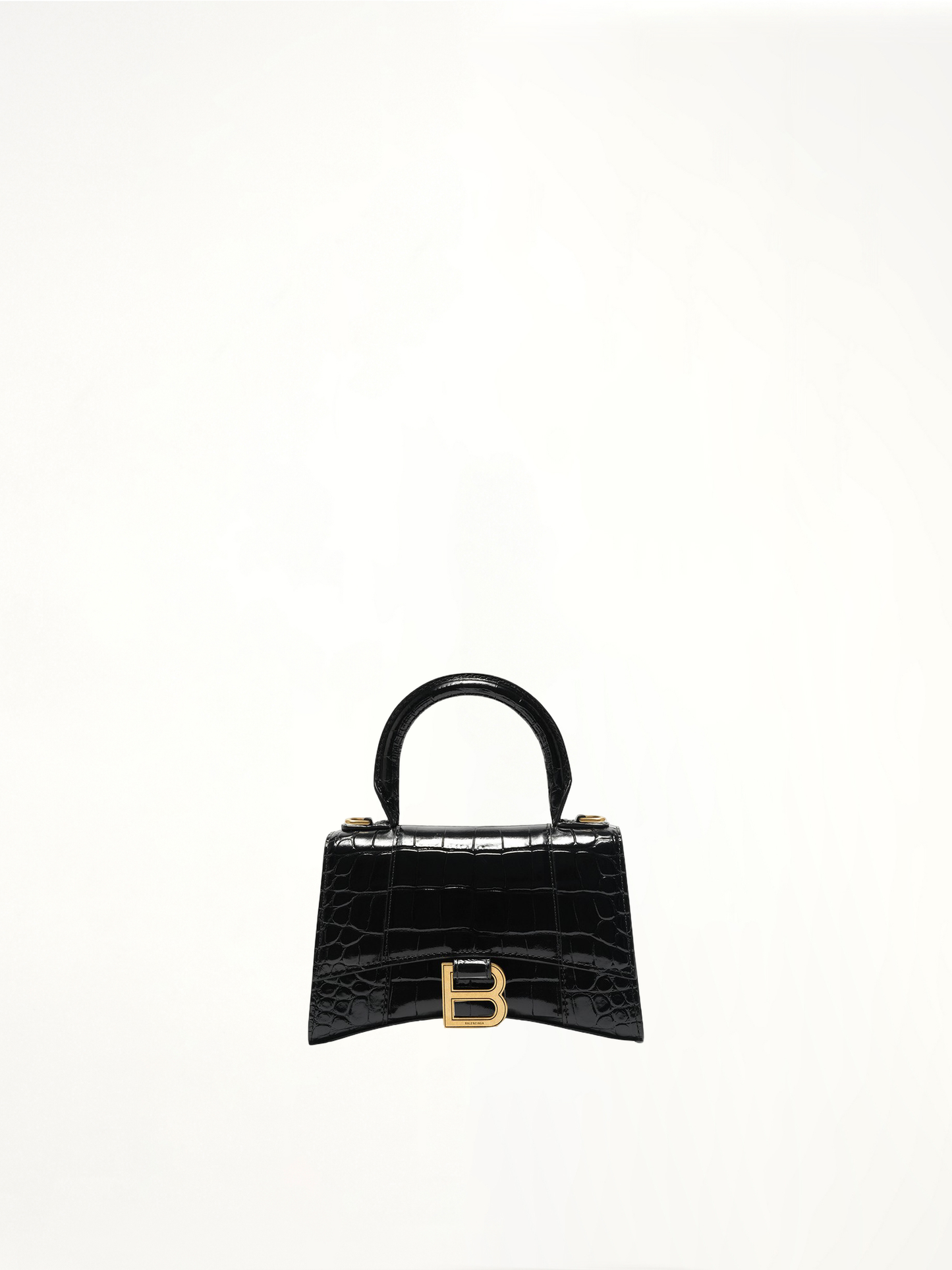 Hourglass XS Croco Embossed Bag in Black with Gold Plaque