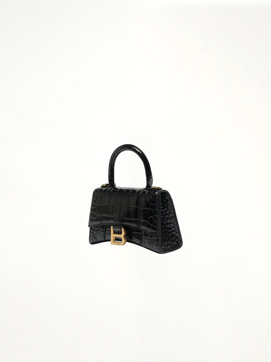 Hourglass XS Croco Embossed Bag in Black with Gold Plaque