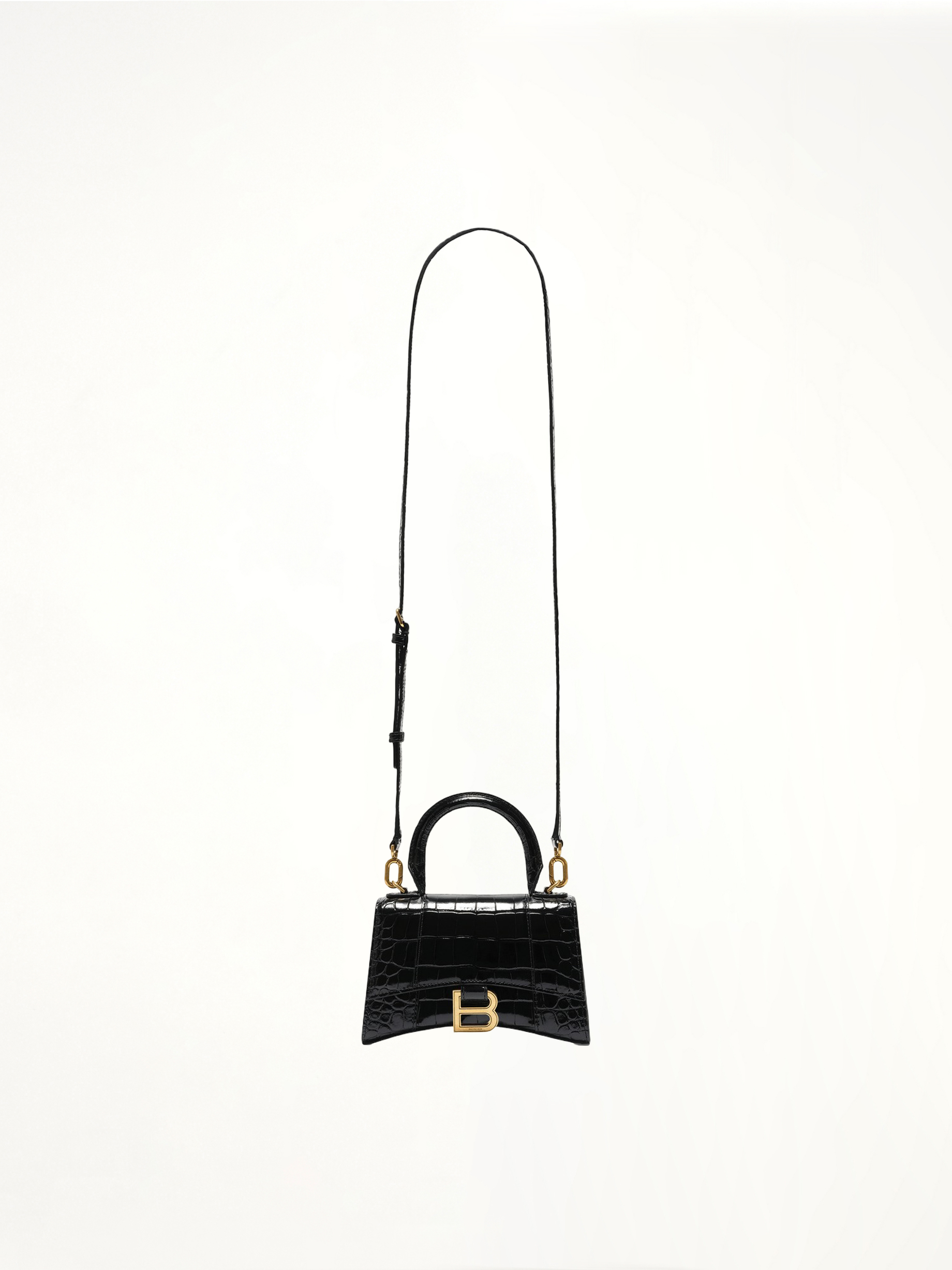 Hourglass XS Croco Embossed Bag in Black with Gold Plaque
