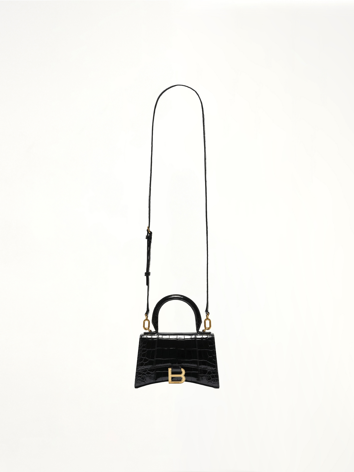 Hourglass XS Croco Embossed Bag in Black with Gold Plaque