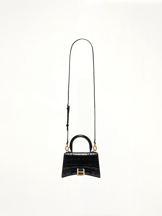 Hourglass XS Croco Embossed Bag in Black with Gold Plaque