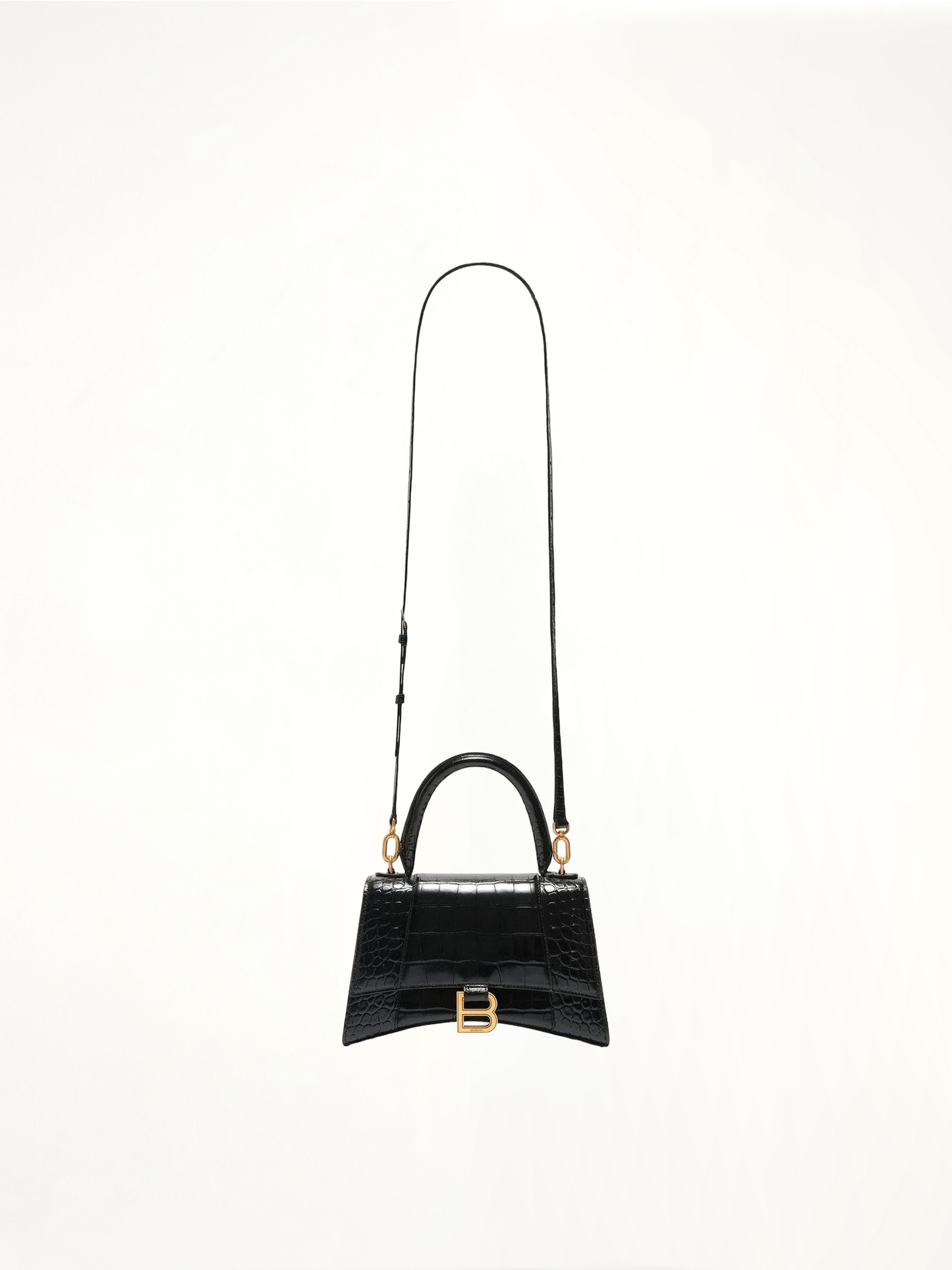 Hourglass Small Croco Embossed Bag in Black with Gold Plague