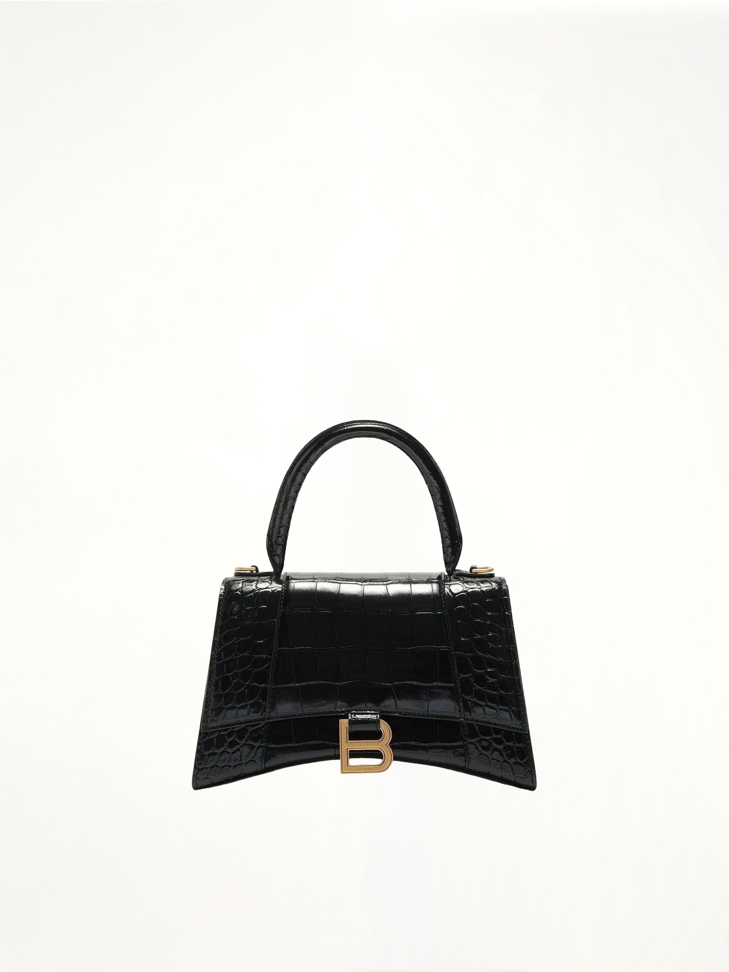 Hourglass Small Croco Embossed Bag in Black with Gold Plague