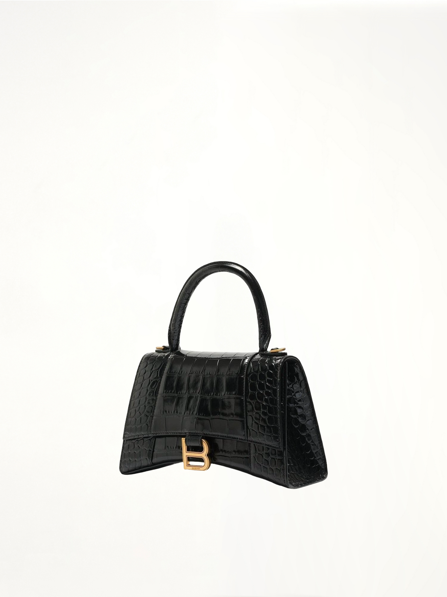 Hourglass Small Croco Embossed Bag in Black with Gold Plague