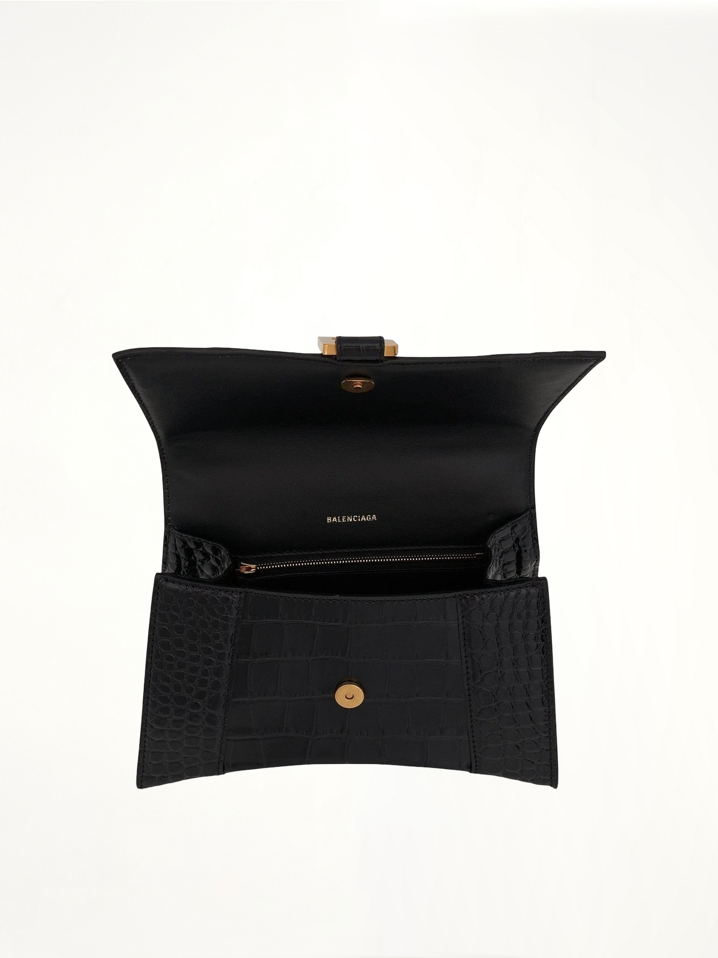 Hourglass Small Croco Embossed Bag in Black with Gold Plague