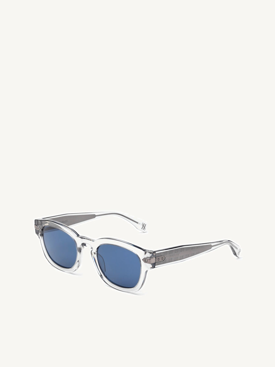 Crystal Grey Rounded Key Sunglasses with Solid Blue Lens