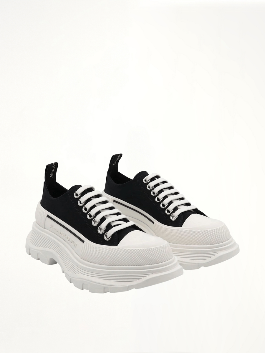 Tread Slick Canvas Lace-Up Shoes in Black/White Front View | ALEXANDER MCQUEEN