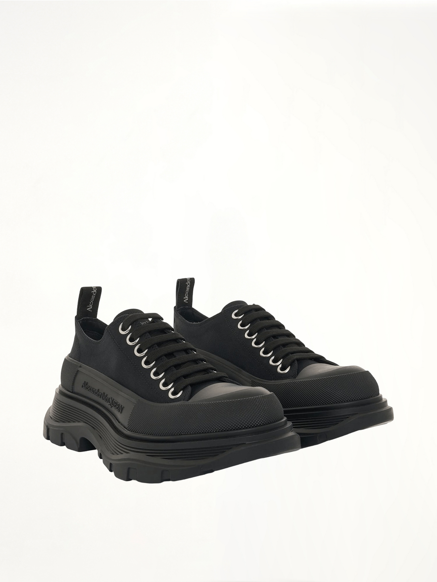 Tread Slick Canvas Lace-Up Shoes in Black Front View | ALEXANDER MCQUEEN
