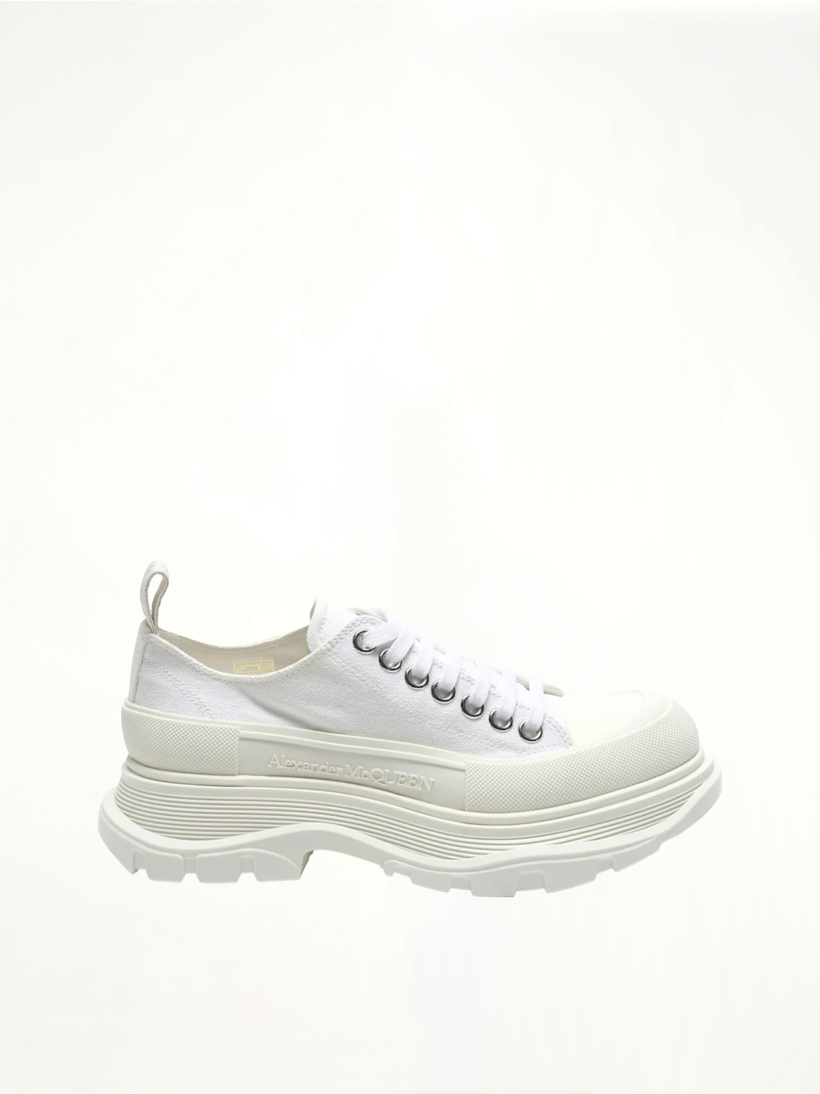Tread Slick Canvas Lace-Up Shoes in White Side View | ALEXANDER MCQUEEN