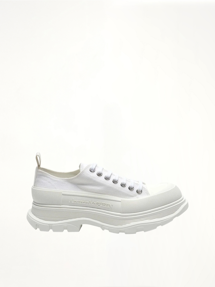 Tread Slick Canvas Lace-Up Shoes in White Side View | ALEXANDER MCQUEEN
