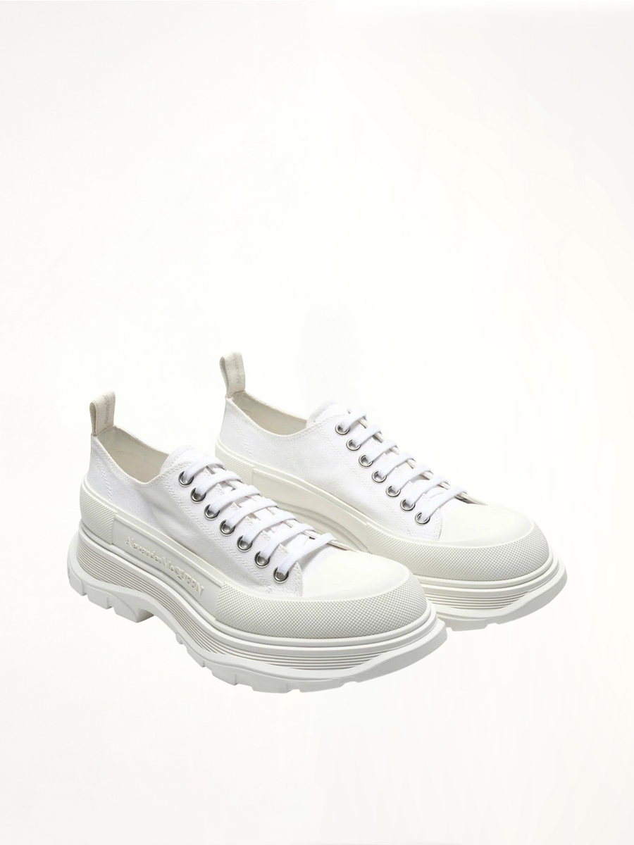 Tread Slick Canvas Lace-Up Shoes in White Front View | ALEXANDER MCQUEEN