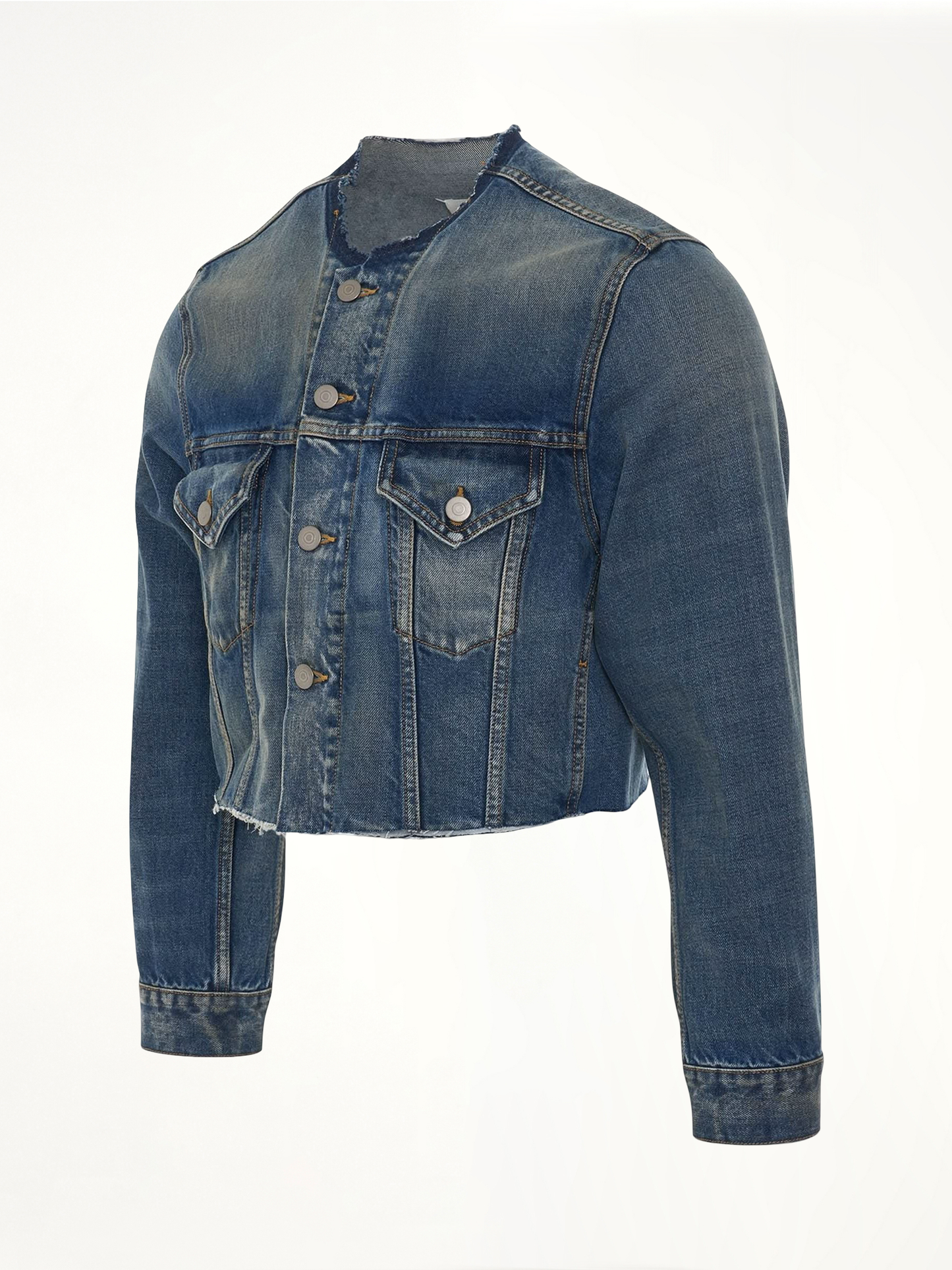 Cropped Collarless Denim Jacket