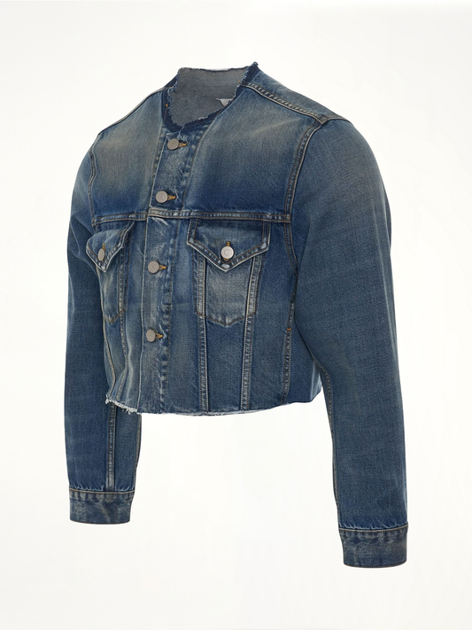 Cropped Collarless Denim Jacket