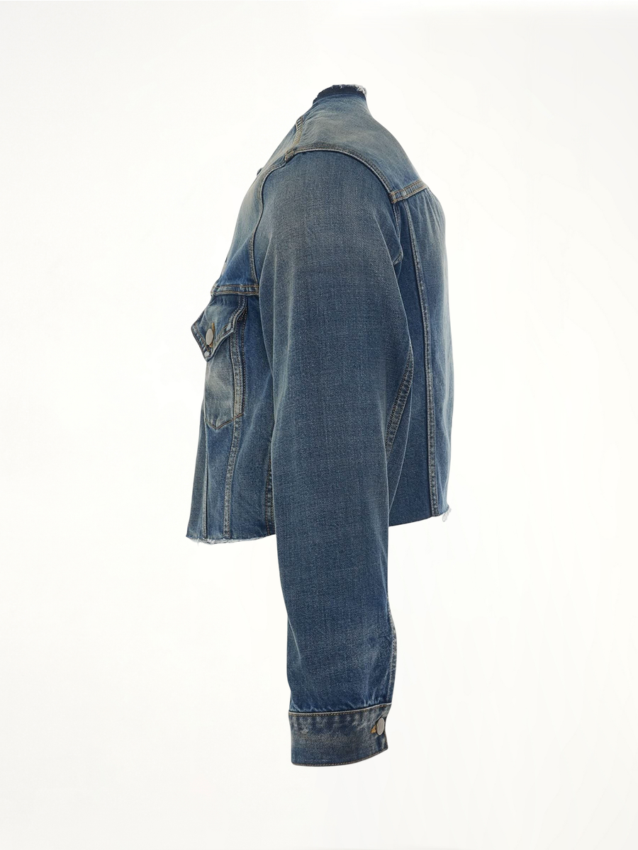 Cropped Collarless Denim Jacket
