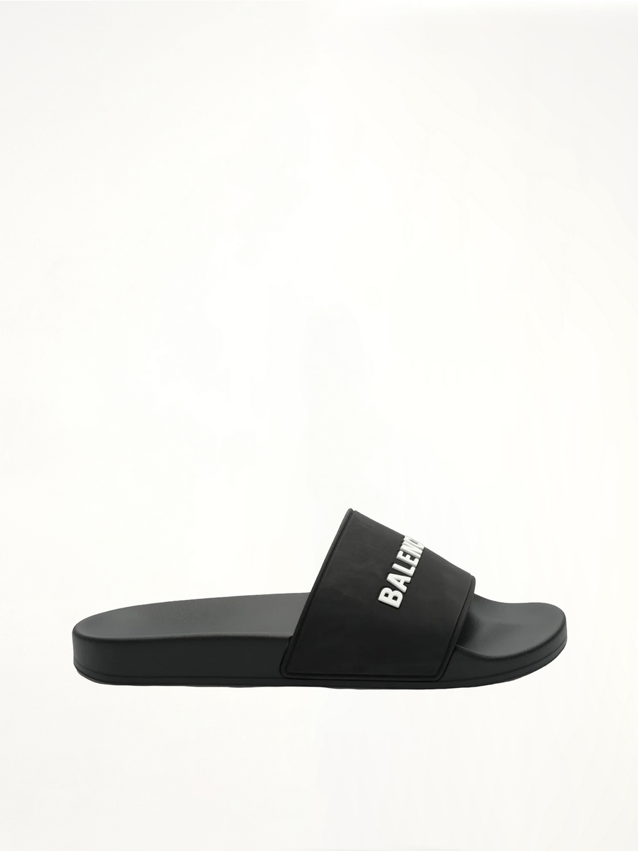 3D Logo Rubber Pool Slide Sandal in Black/White Side View | BALENCIAGA