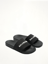 3D Logo Rubber Pool Slide Sandal in Black/White Front View | BALENCIAGA