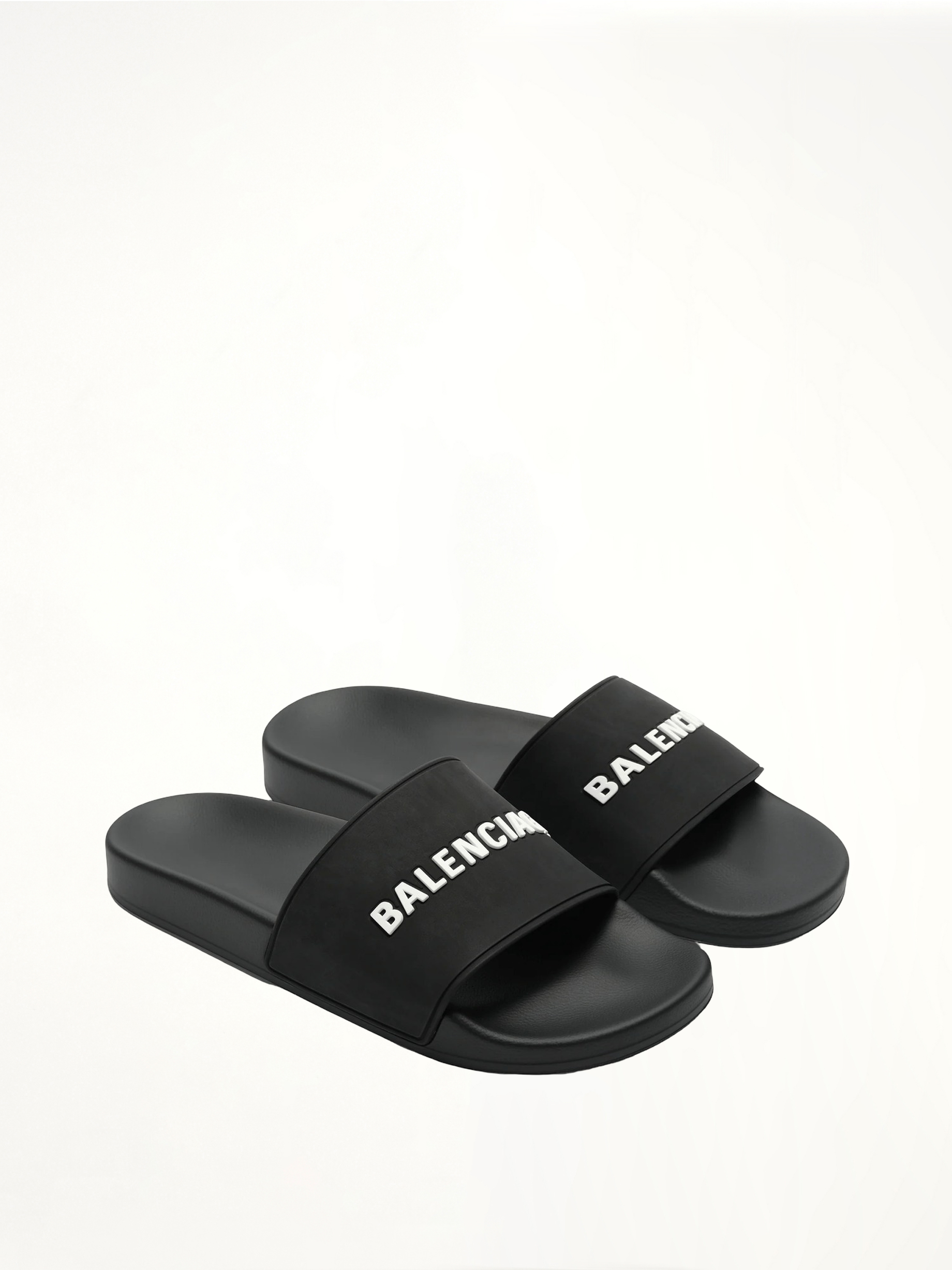 3D Logo Rubber Pool Slide Sandal in Black/White Front View | BALENCIAGA