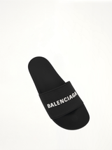 3D Logo Rubber Pool Slide Sandal in Black/White Top View | BALENCIAGA