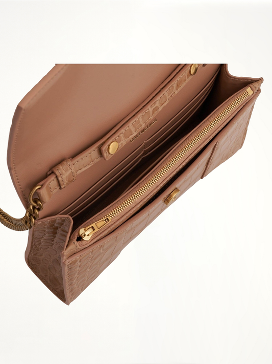 Hourglass Embossed Croc Wallet On Chain in Nude Beige
