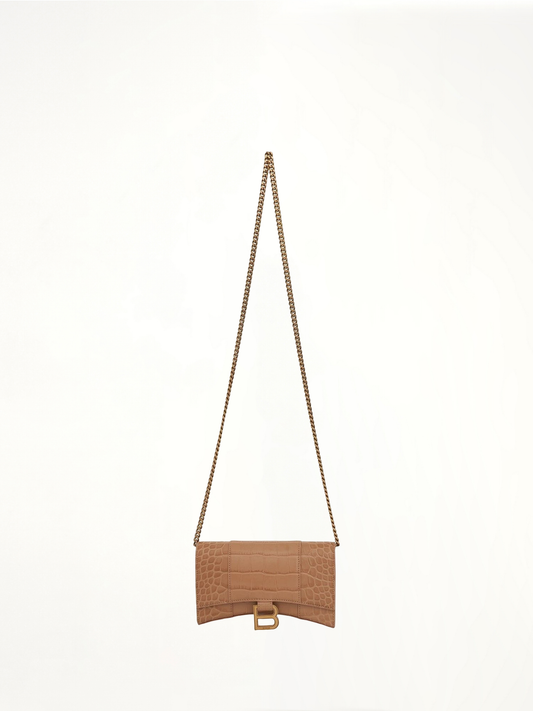 Hourglass Embossed Croc Wallet On Chain in Nude Beige