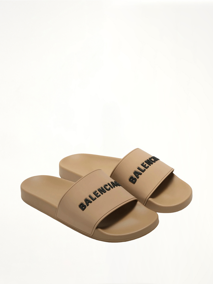 3D Logo Pool Slide Sandal in Beige/Black Front View | BALENCIAGA