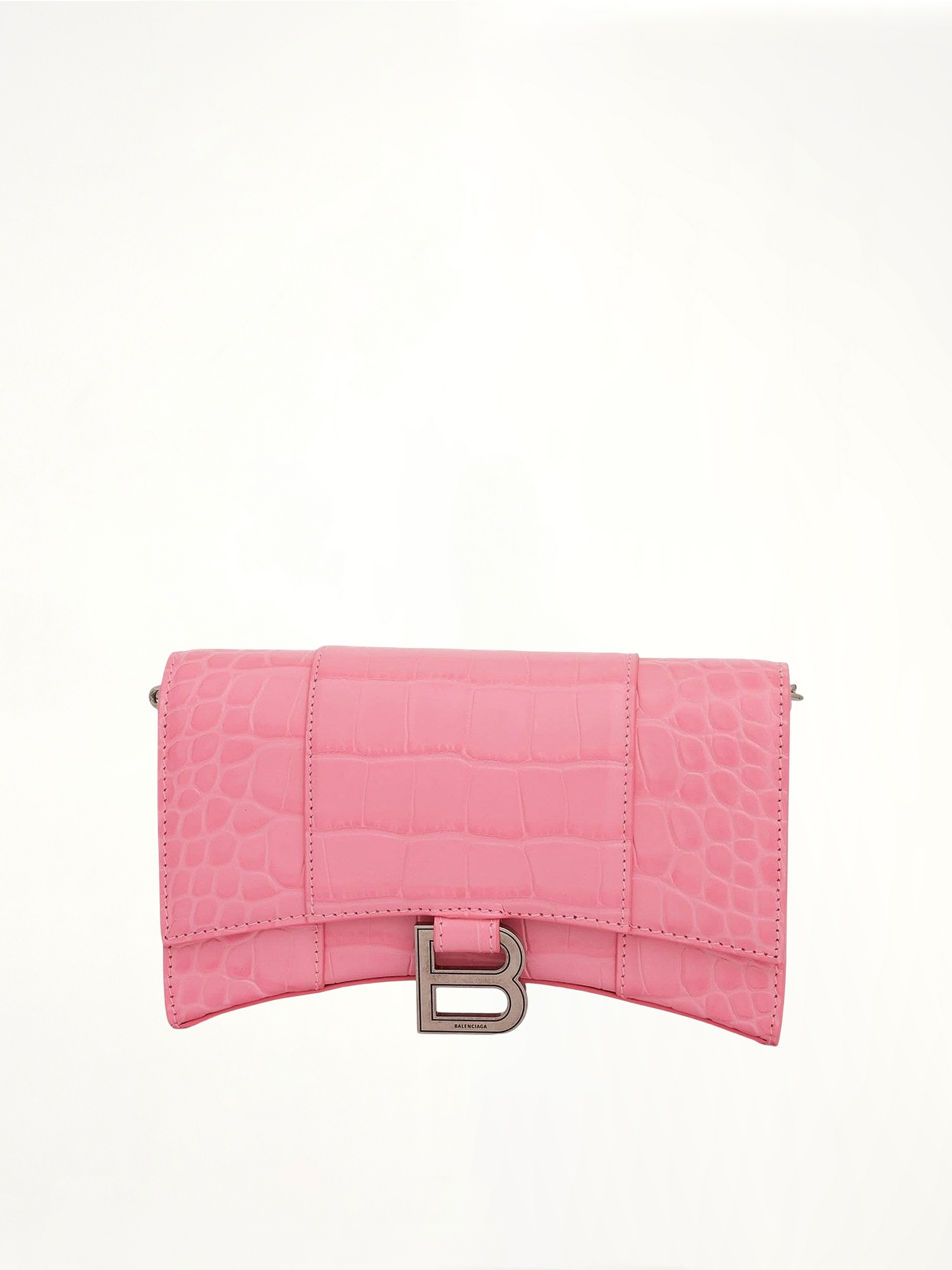 Hourglass Embossed Croco Wallet On Chain in Sweet Pink