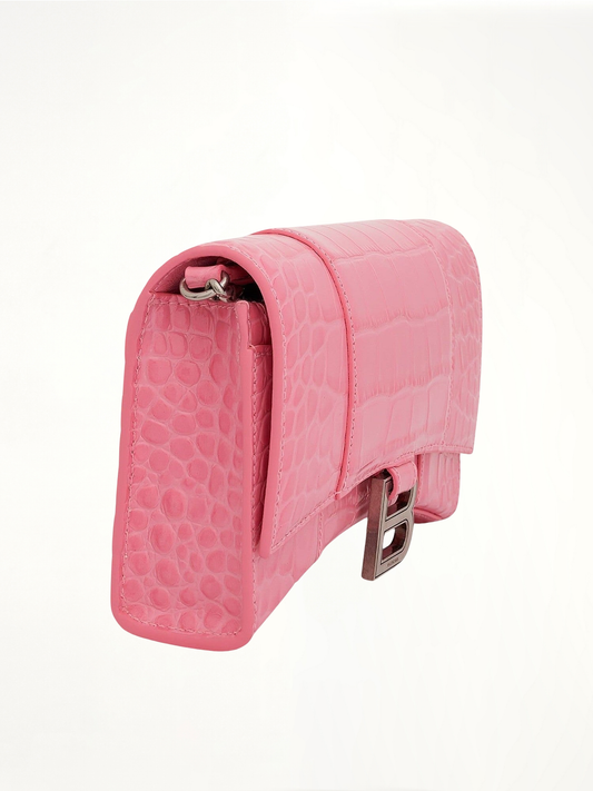 Hourglass Embossed Croco Wallet On Chain in Sweet Pink
