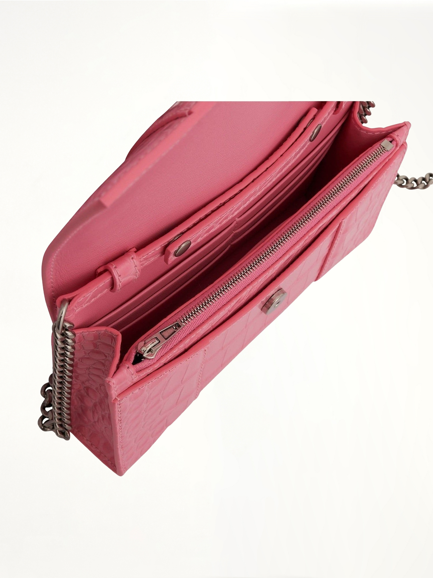 Hourglass Embossed Croco Wallet On Chain in Sweet Pink