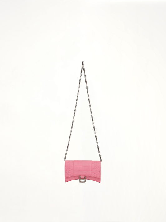 Hourglass Embossed Croco Wallet On Chain in Sweet Pink