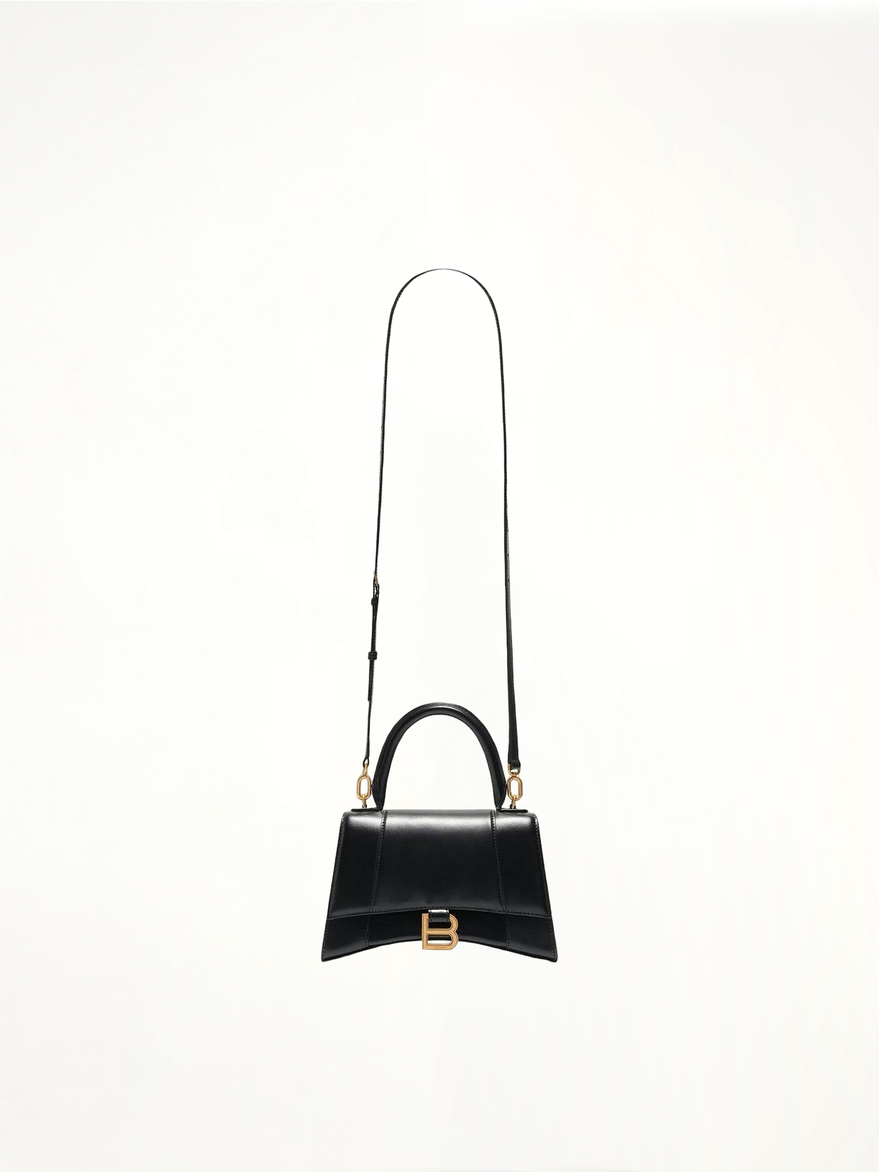 Hourglass Small Handbag in Box Calfskin in Black with Gold Plaque