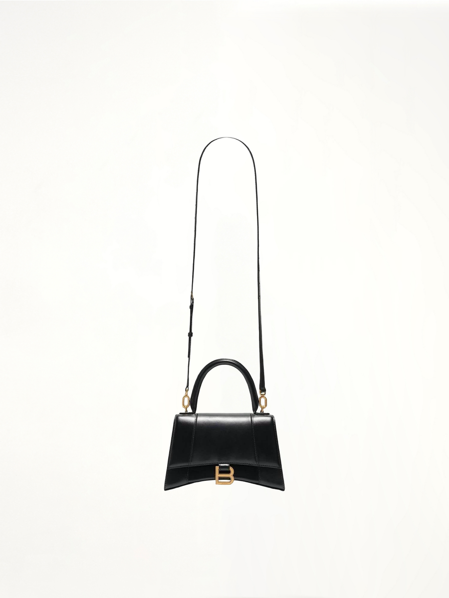 Hourglass Small Handbag in Box Calfskin in Black with Gold Plaque