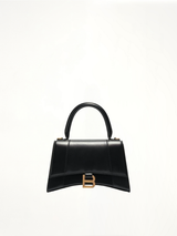 Hourglass Small Handbag in Box Calfskin in Black with Gold Plaque