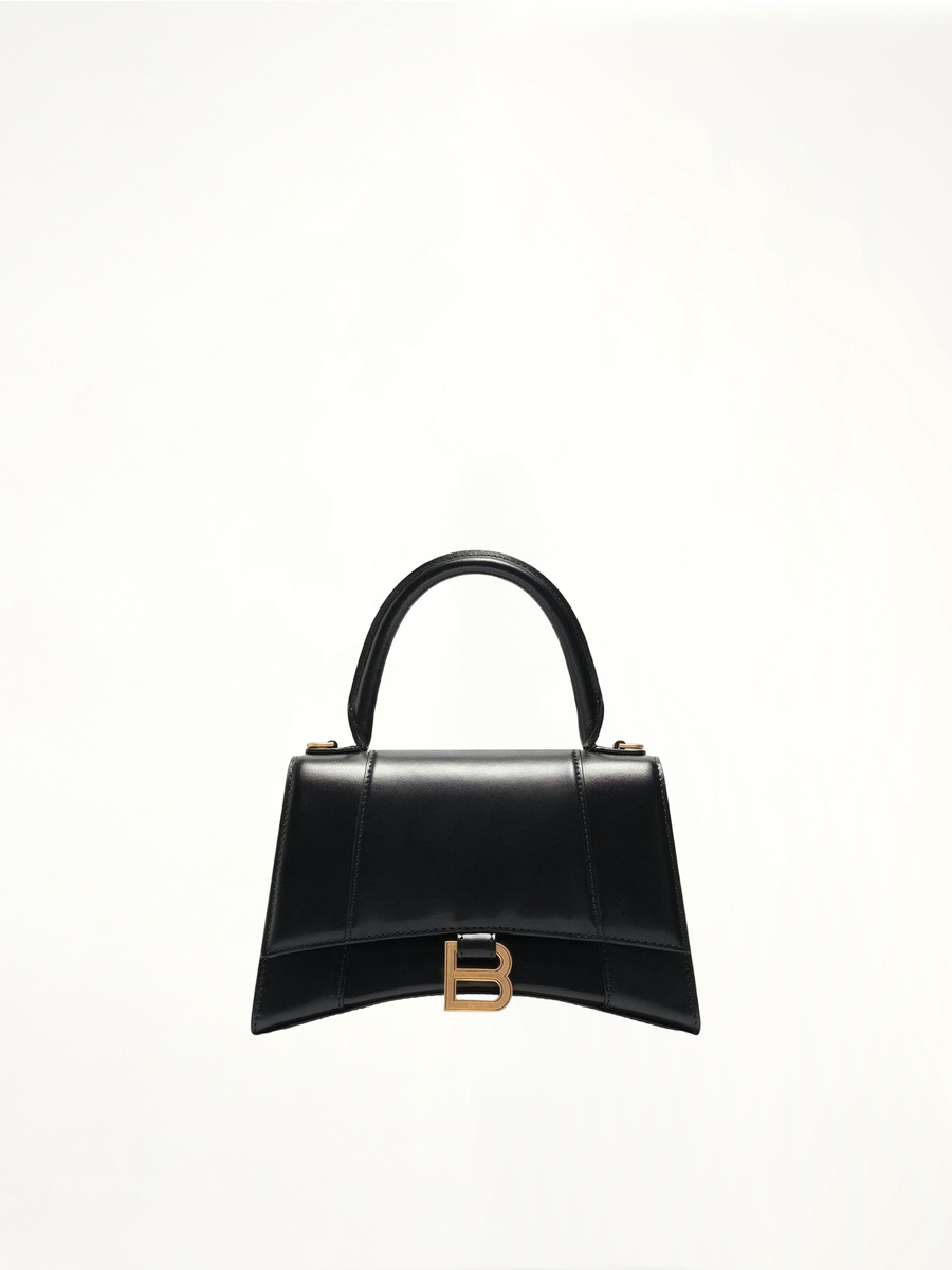 Hourglass Small Handbag in Box Calfskin in Black with Gold Plaque