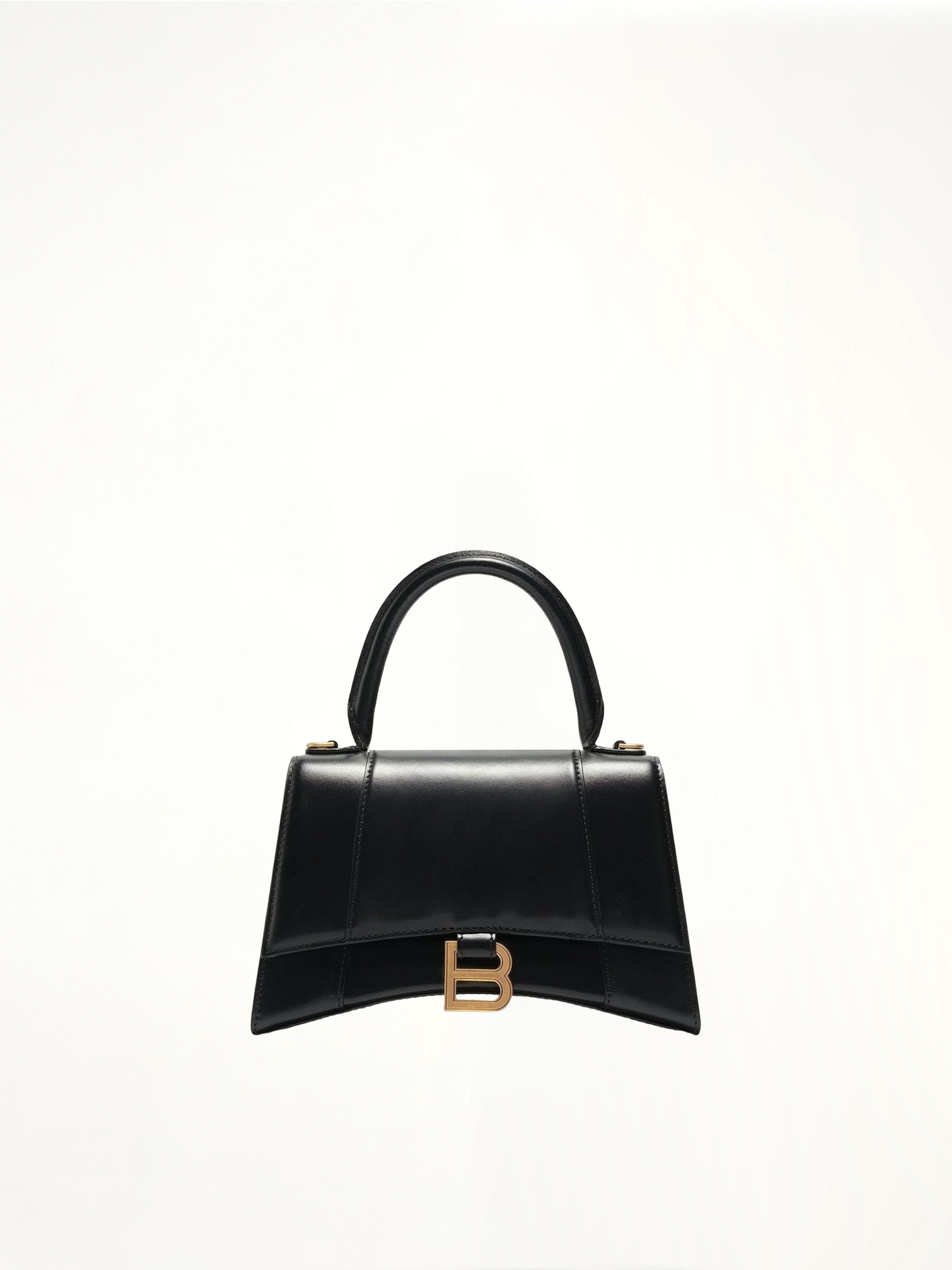 Hourglass Small Handbag in Box Calfskin in Black with Gold Plaque