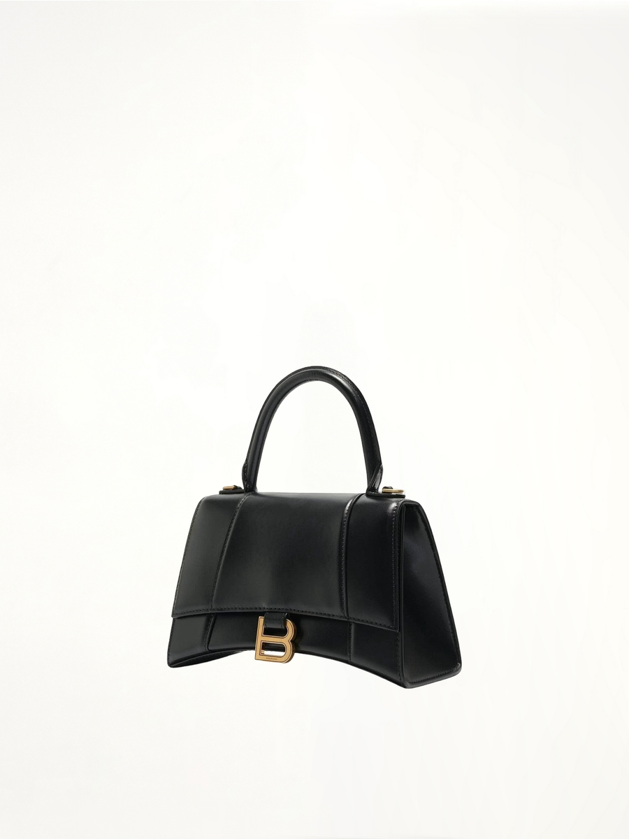 Hourglass Small Handbag in Box Calfskin in Black with Gold Plaque