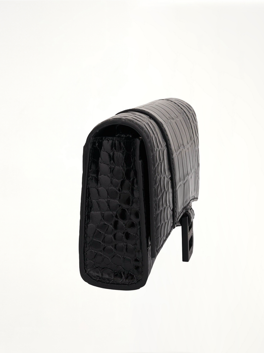 Hourglass Wallet on Chain in Black Shiny Croco