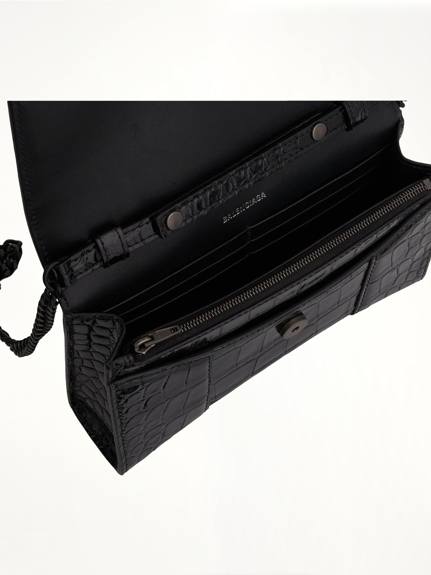 Hourglass Wallet on Chain in Black Shiny Croco