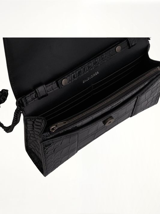 Hourglass Wallet on Chain in Black Shiny Croco
