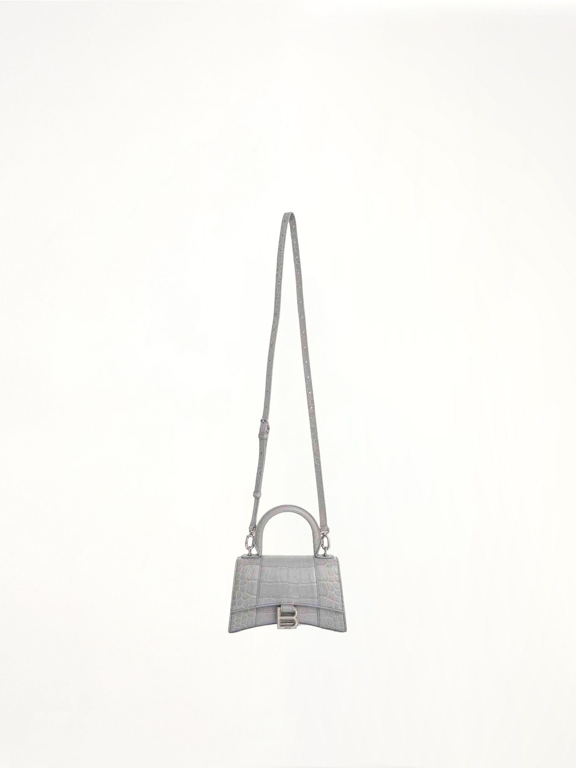 Hourglass XS Croco Embossed Bag in Grey