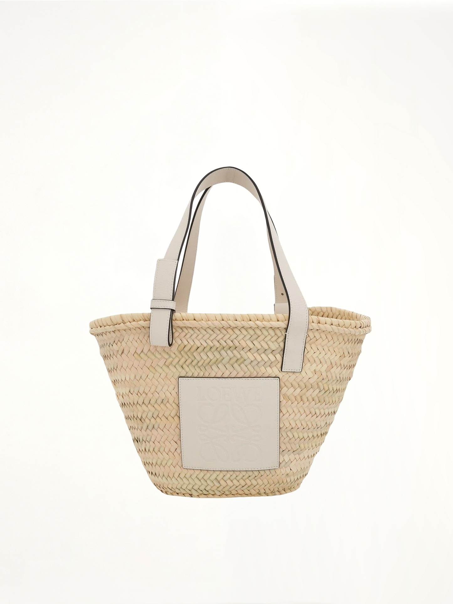 Medium Palm Leaf and Calfskin Basket Bag in Natural/White