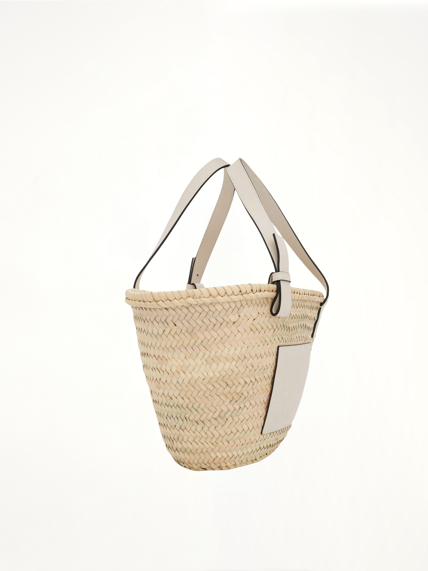 Medium Palm Leaf and Calfskin Basket Bag in Natural/White