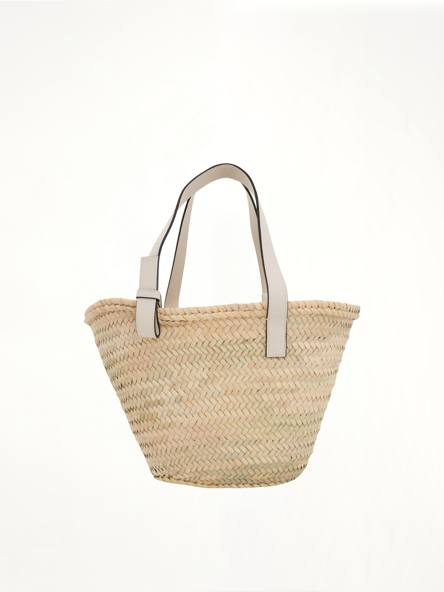 Medium Palm Leaf and Calfskin Basket Bag in Natural/White