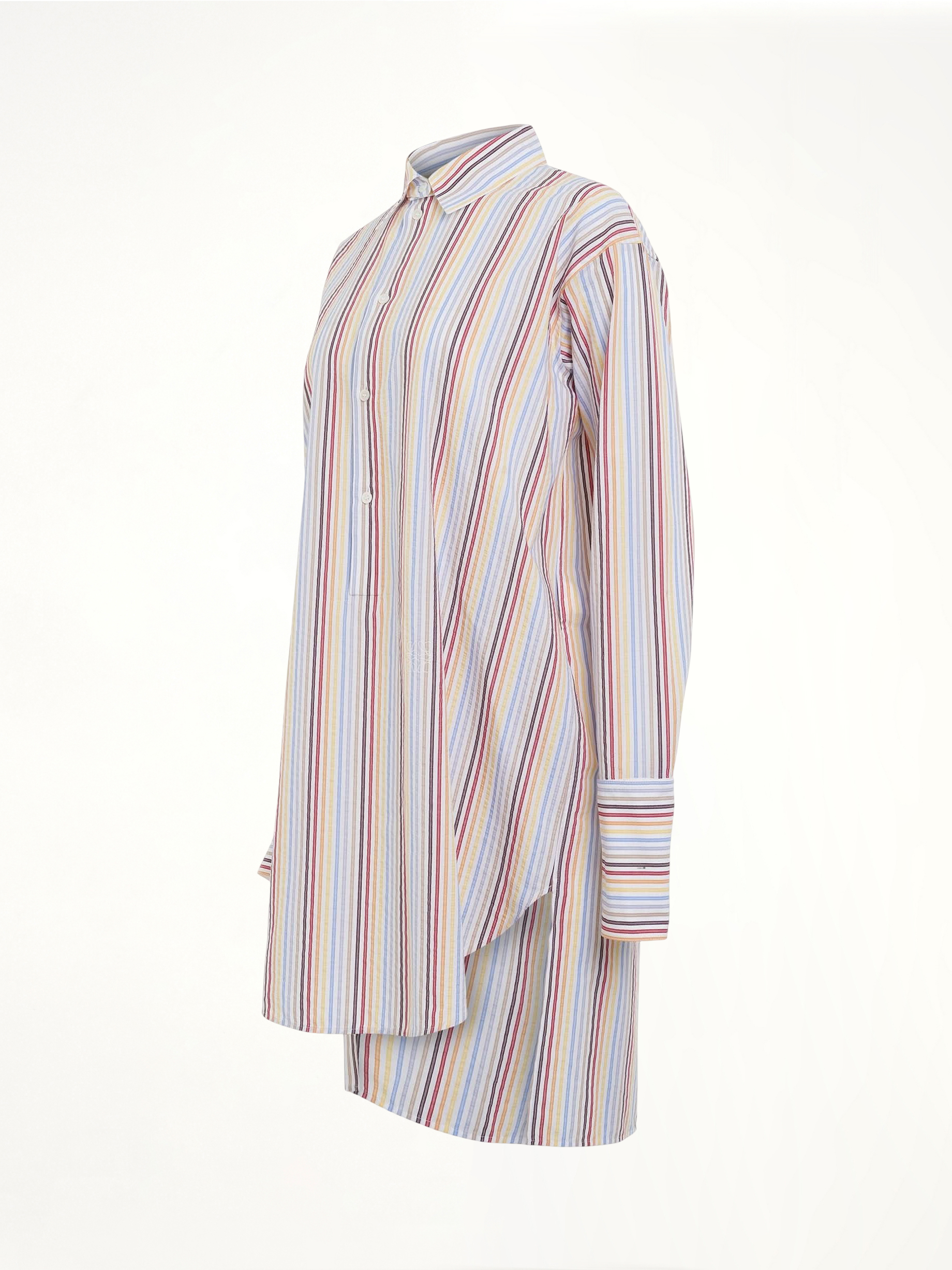 黄/蓝/橙色条纹解构真丝衬衫连衣裙
