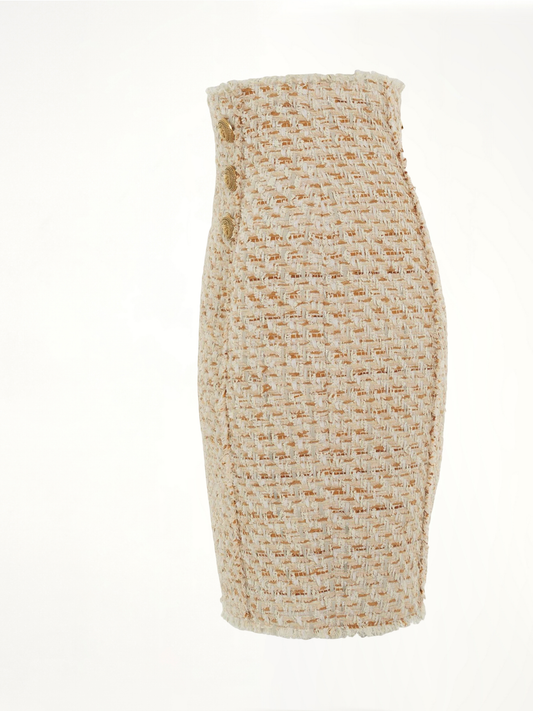 High Waisted 6 Button Tweed Short Skirt in Multi Beige