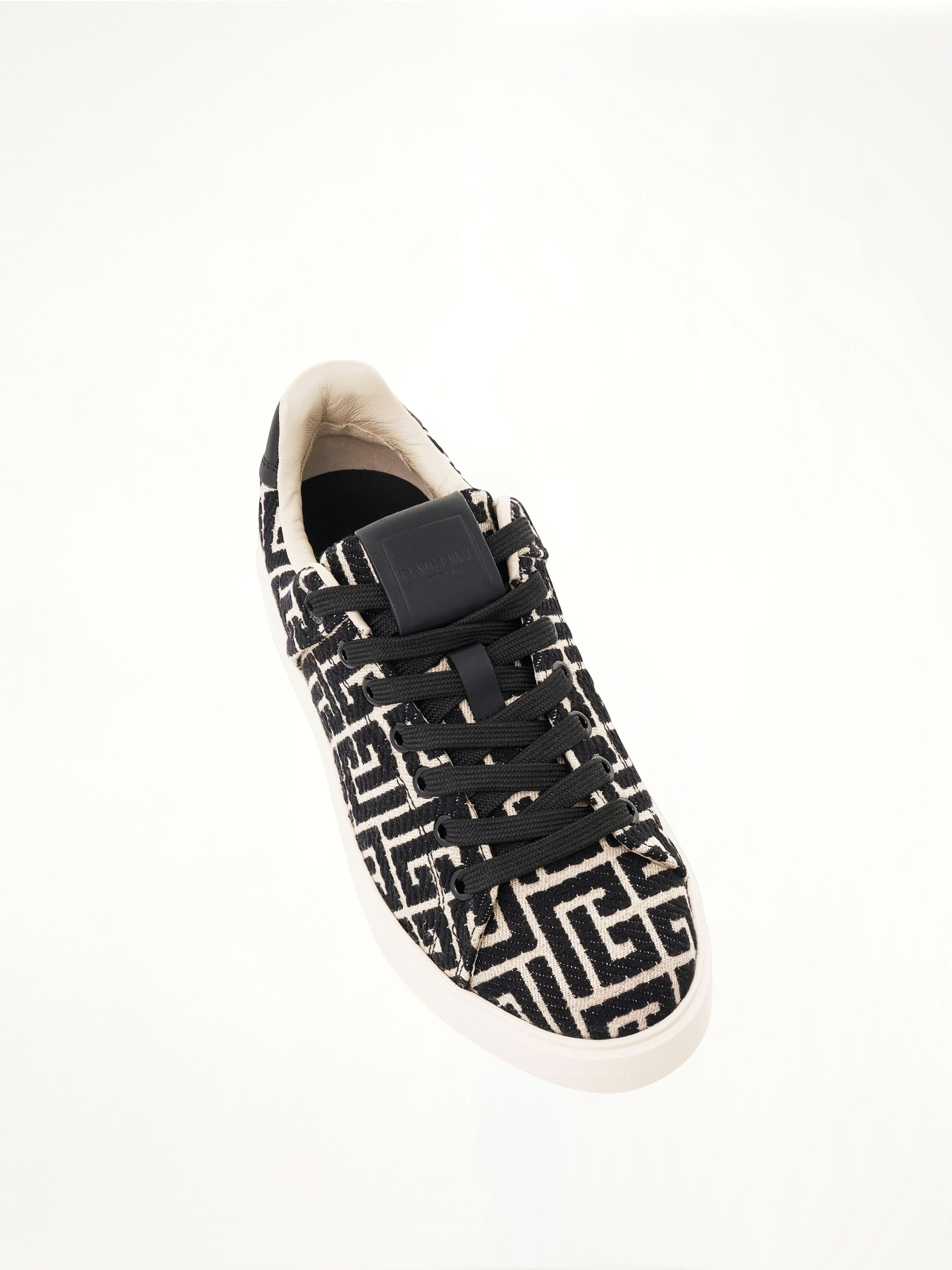 B-Court Monogram Jacquard Sneaker in Ivory/Black Top View | BALMAIN