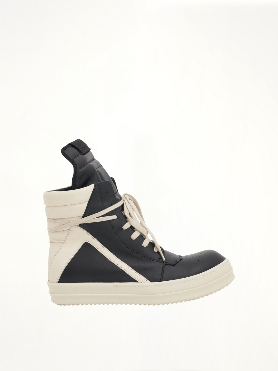 Geobasket Calf Leather Sneakers in Black/Milk Side View | RICK OWENS