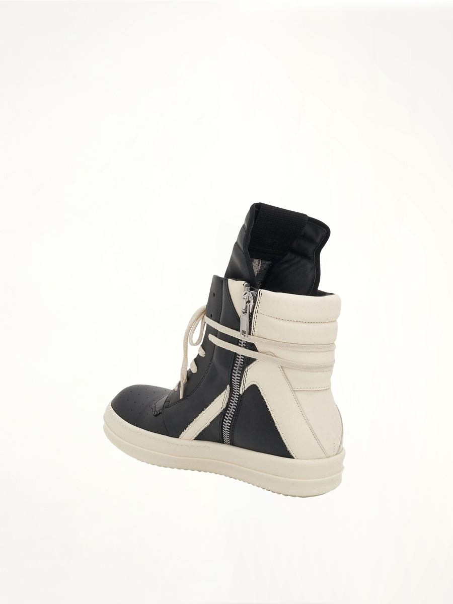 Geobasket Calf Leather Sneakers in Black/Milk Back View | RICK OWENS