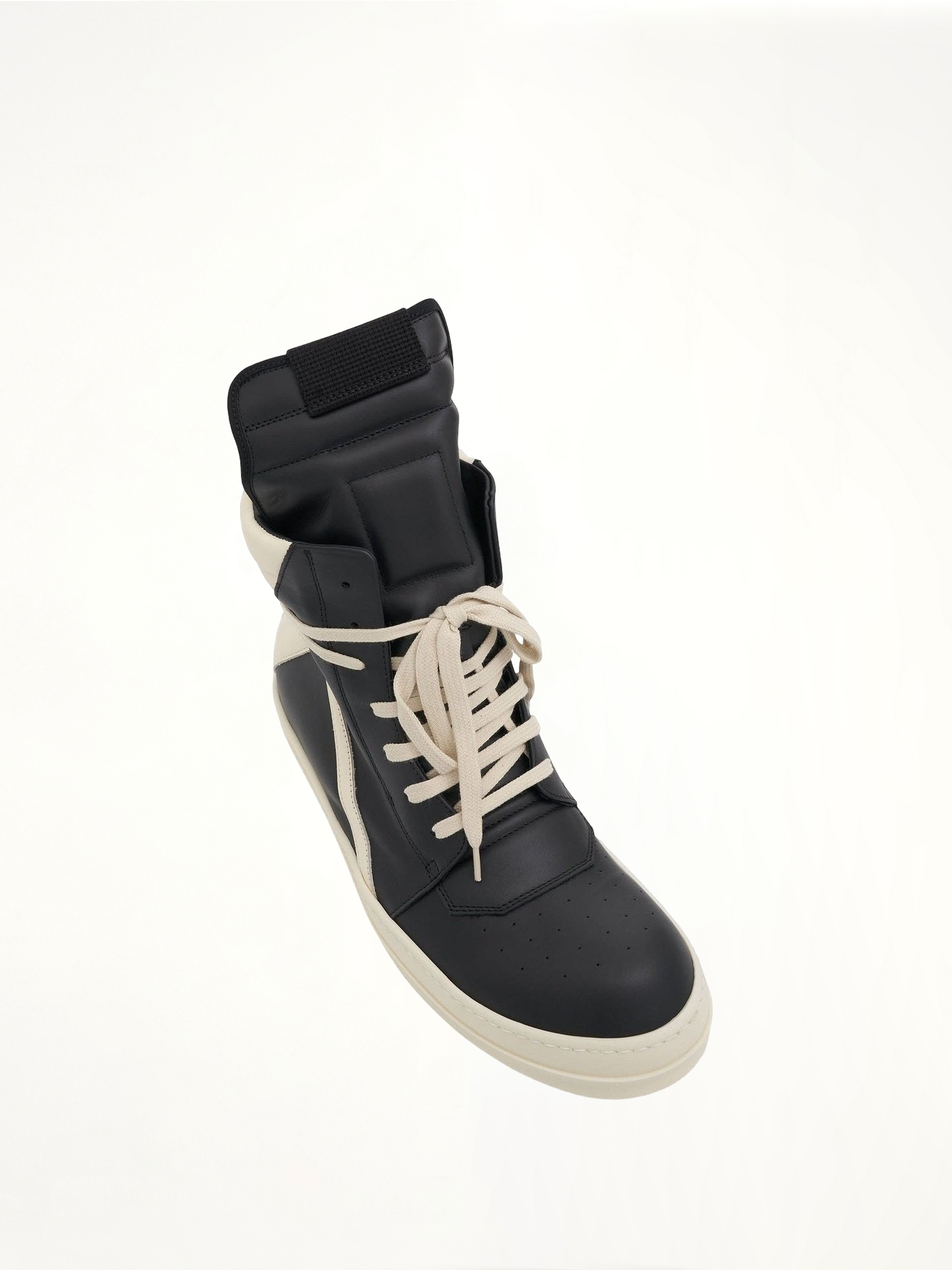 Geobasket Calf Leather Sneakers in Black/Milk Top View | RICK OWENS